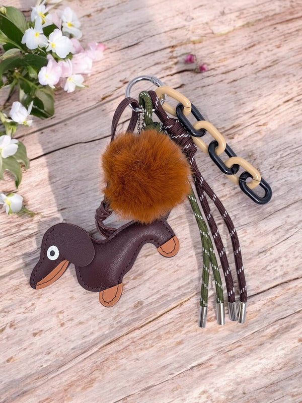 Grigri de sac et porte-clé Chien et pompon PC11: Brun / Synthétique