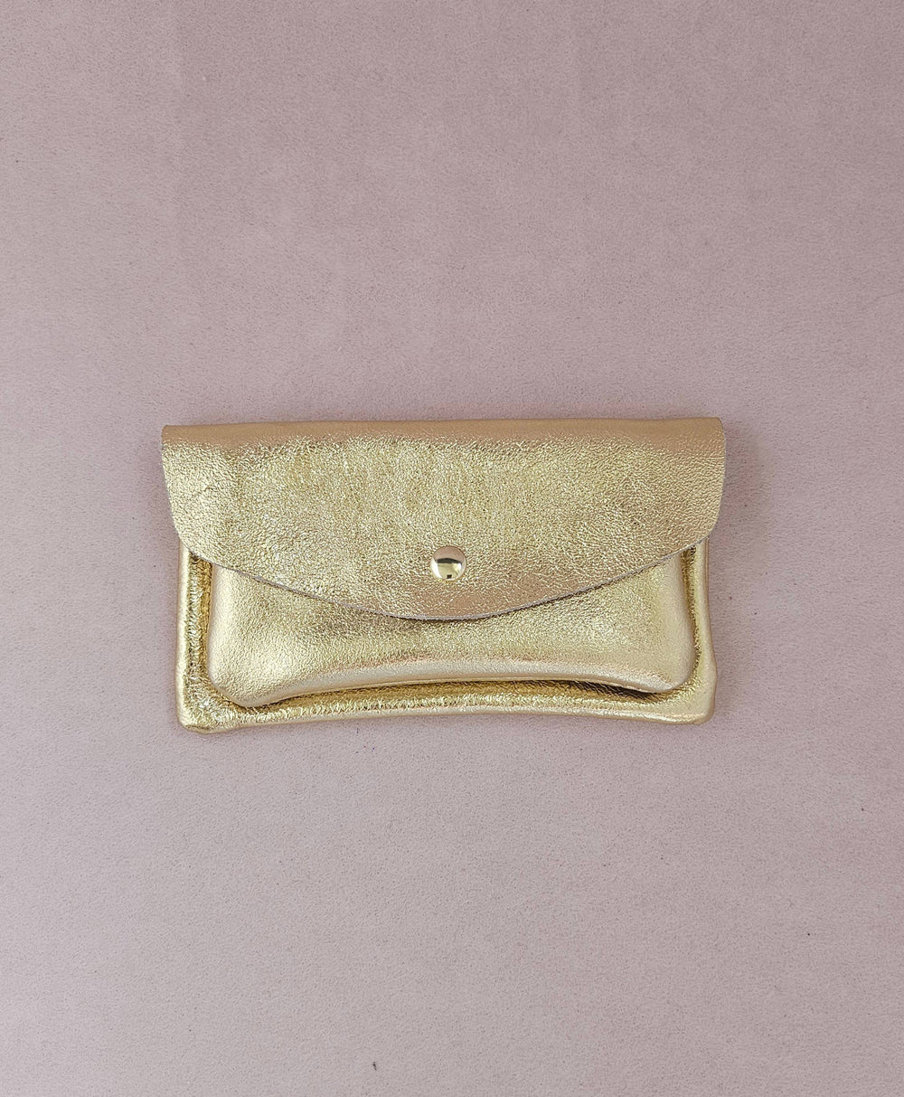 Porte monnaie cuir vachette double poches Kangourou: Doré