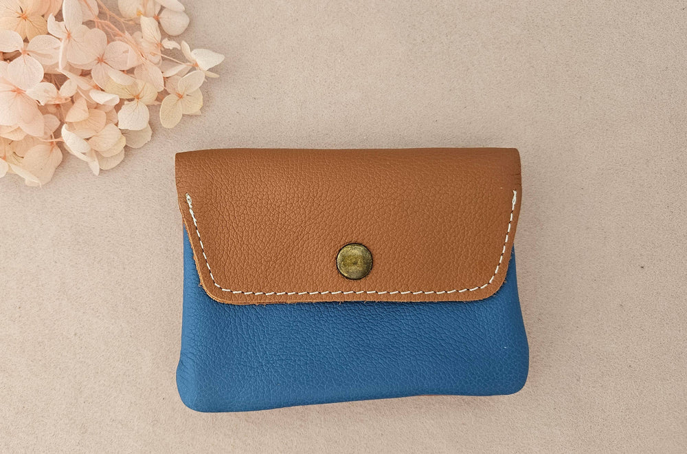 Porte monnaie cuir upcyclé : Camel/bleu
