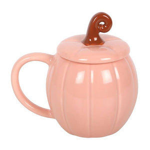 Tasse d'automne rose à couvercle, motif citrouille bouclée