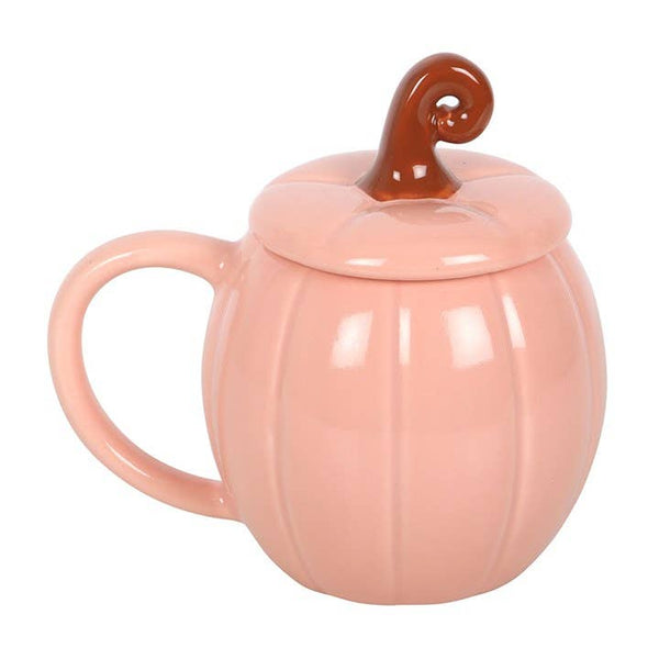 Tasse d'automne rose à couvercle, motif citrouille bouclée