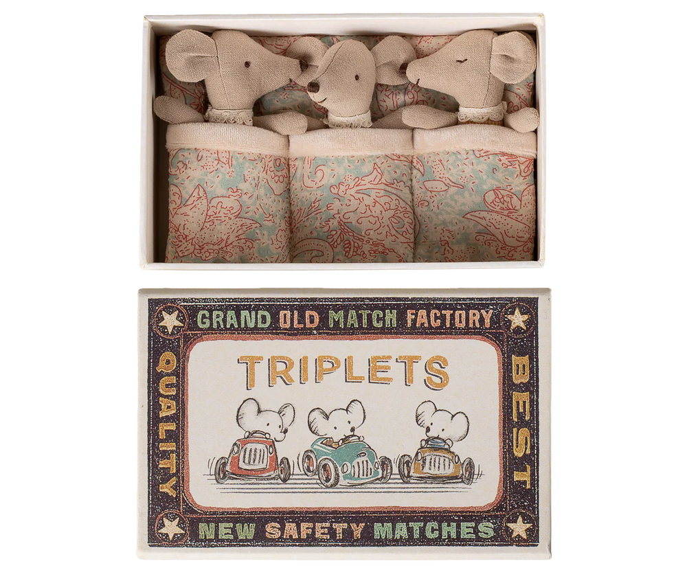 Triplés, Bébés souris dans leur boîte assortie - Vichy