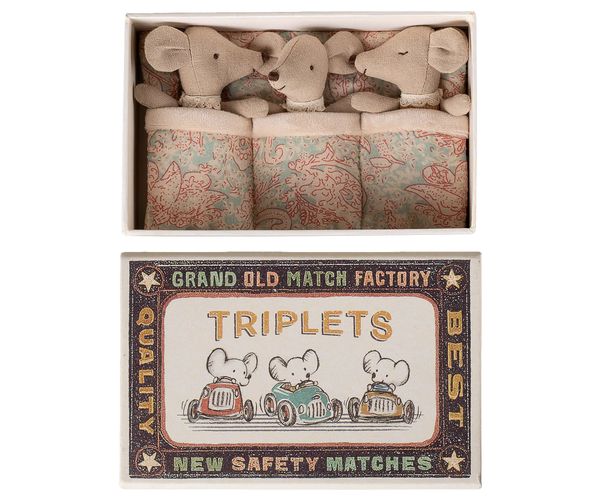 Triplés, Bébés souris dans leur boîte assortie - Vichy