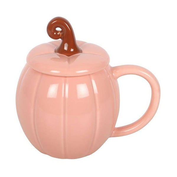 Tasse d'automne rose à couvercle, motif citrouille bouclée