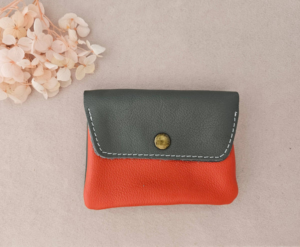 Porte monnaie cuir upcyclé : Camel/bleu