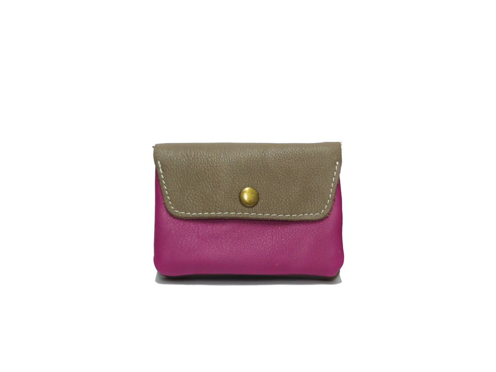 Porte monnaie cuir upcyclé : Taupe / fuxia fonçé