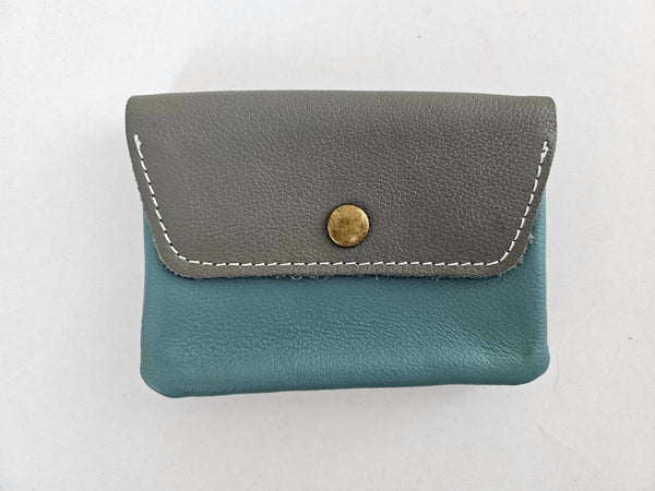 Porte monnaie cuir upcyclé : Camel/bleu