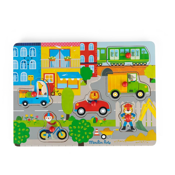 Puzzle sonore en bois en ville Moulin Roty