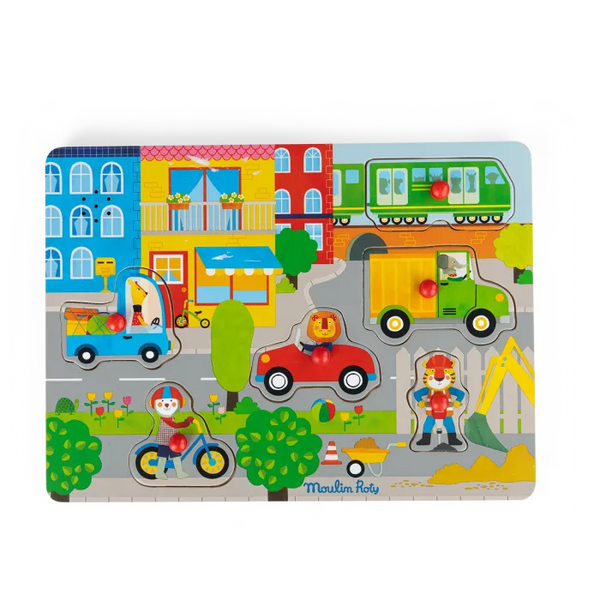 Puzzle sonore en bois en ville Moulin Roty