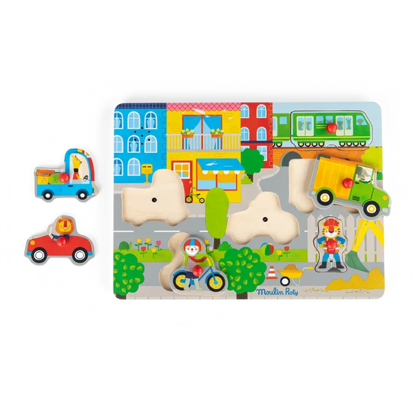 Puzzle sonore en bois en ville Moulin Roty
