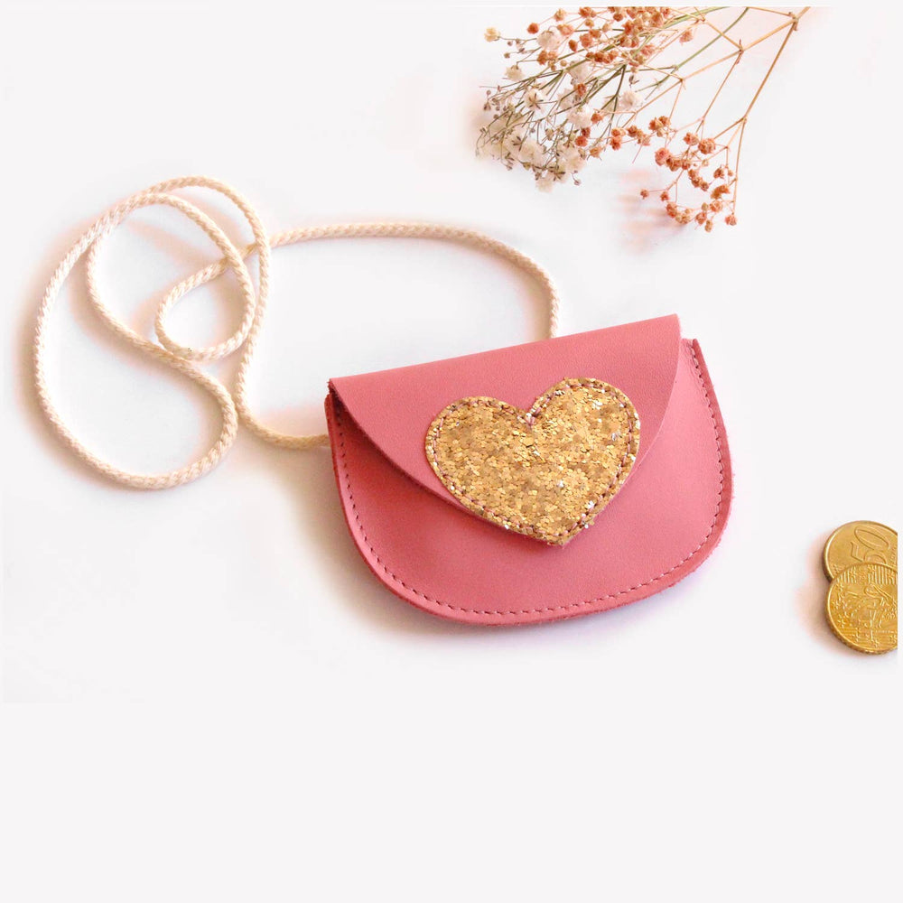 Sac cuir et coeur paillette doré petite fille - Sweet Love: Fraise